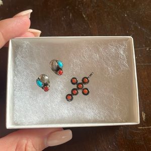 Coral and Turquoise Cross Pendant with Earrings
